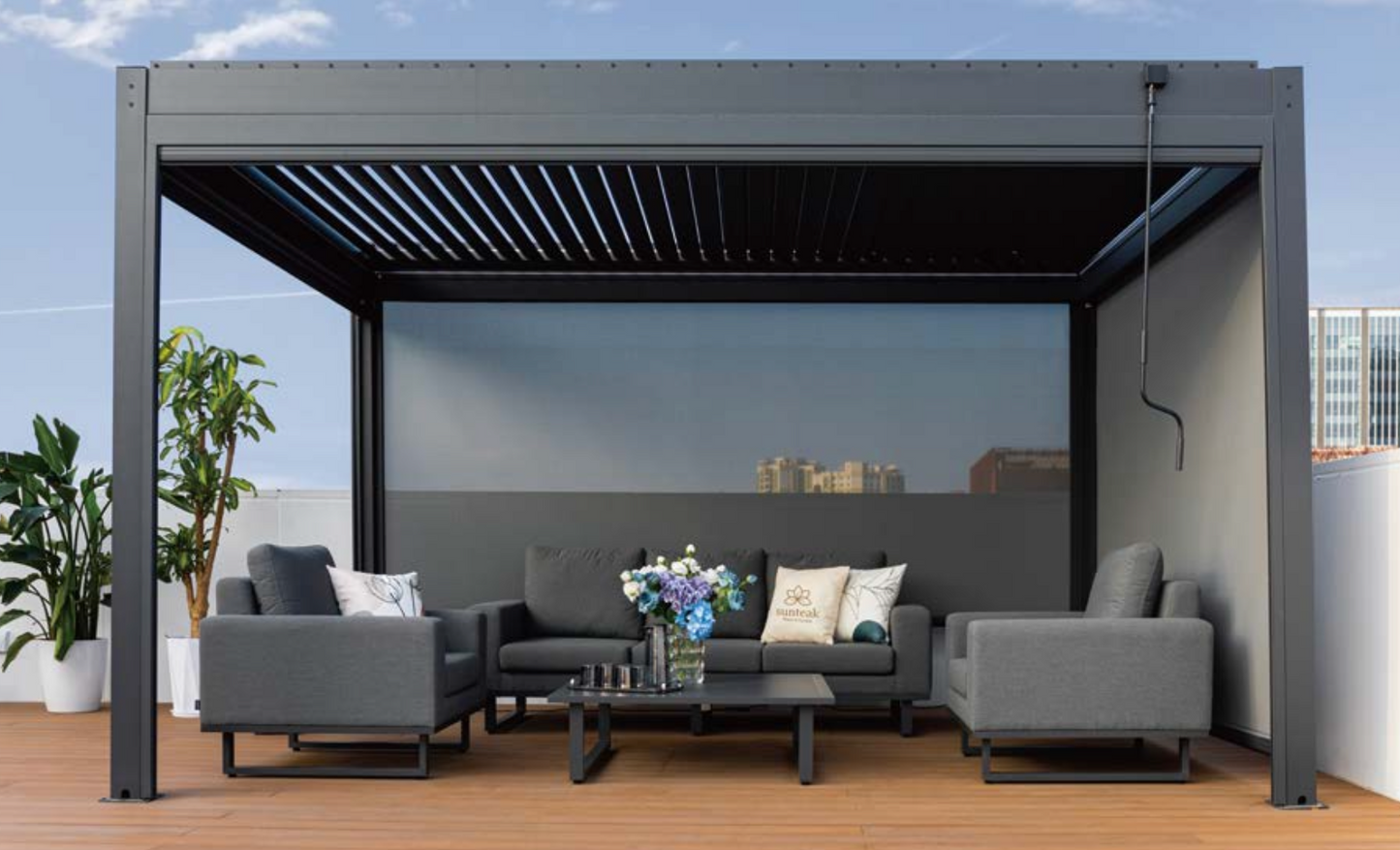 Pergola Sky Plus inkl LEDs 3 x 3 Meter - Anthrazit - Doppellamellen Dach