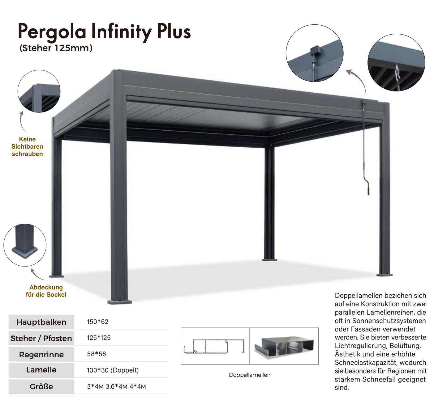 Pergola Sky Plus inkl LEDs 4 x 4 Meter - Anthrazit - Doppellamellen Dach